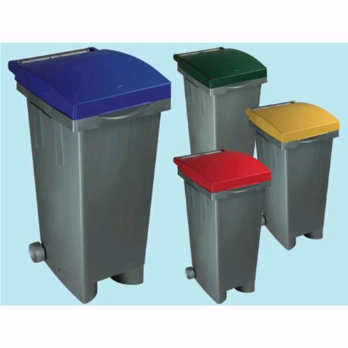 Bidone Pattumiera In Plastica Quadro Con Ruote Coperchio Giallo 80 Lt.