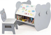 Set Tavolo e Sedia per Bambini 3+ Anni, Tavolo Multifunzionale con Lavagna Bifacciale, Ripiano e 4 Ganci Laterali, Sedia Comoda con Cassetto Rimovibile per Cameretta e Asilo (Grigio)