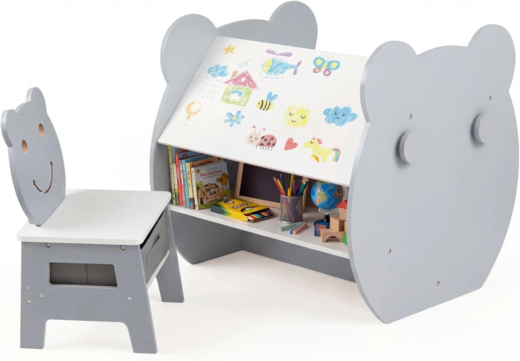 Set Tavolo e Sedia per Bambini 3+ Anni, Tavolo Multifunzionale con Lavagna Bifacciale, Ripiano e 4 Ganci Laterali, Sedia Comoda con Cassetto Rimovibile per Cameretta e Asilo (Grigio)