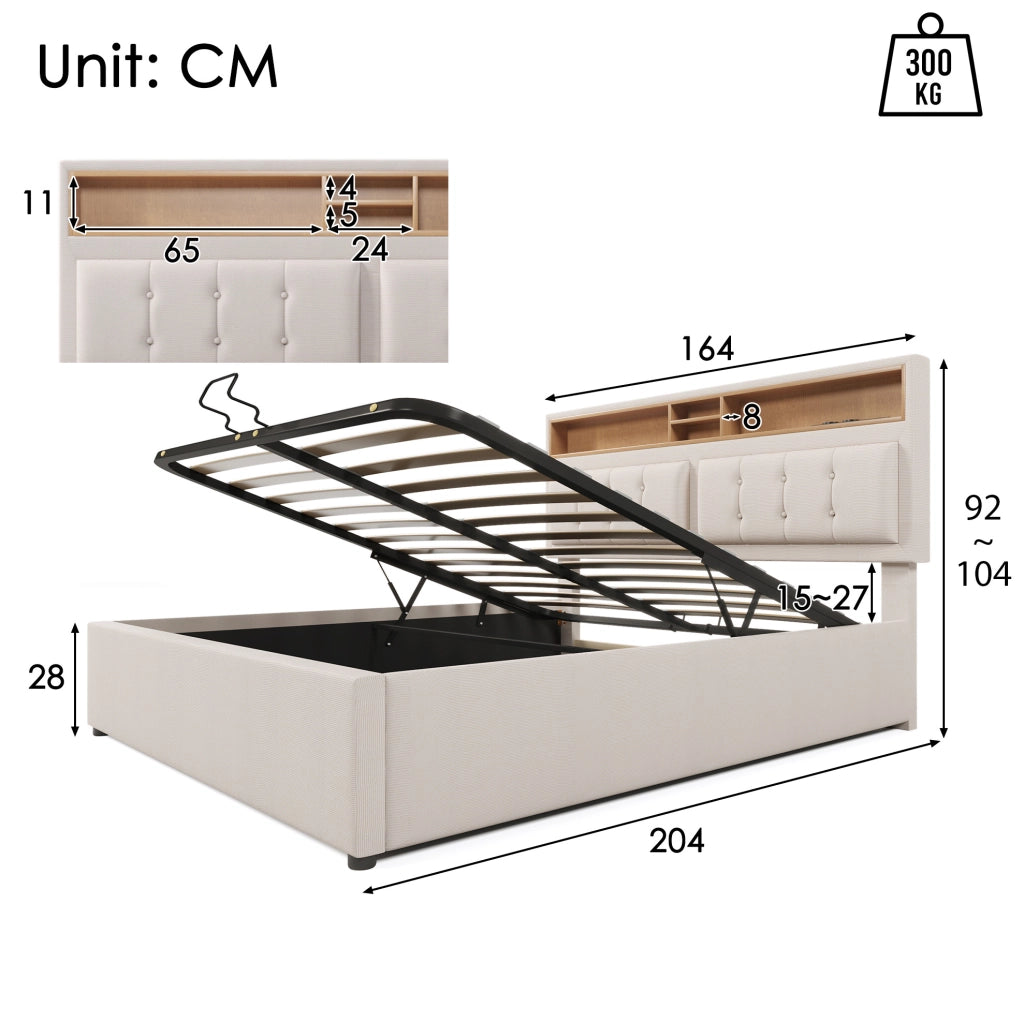 Letto matrimoniale contenitore 160x200 cm con testiera regolabile; USB/Type-C e materasso; lino beige