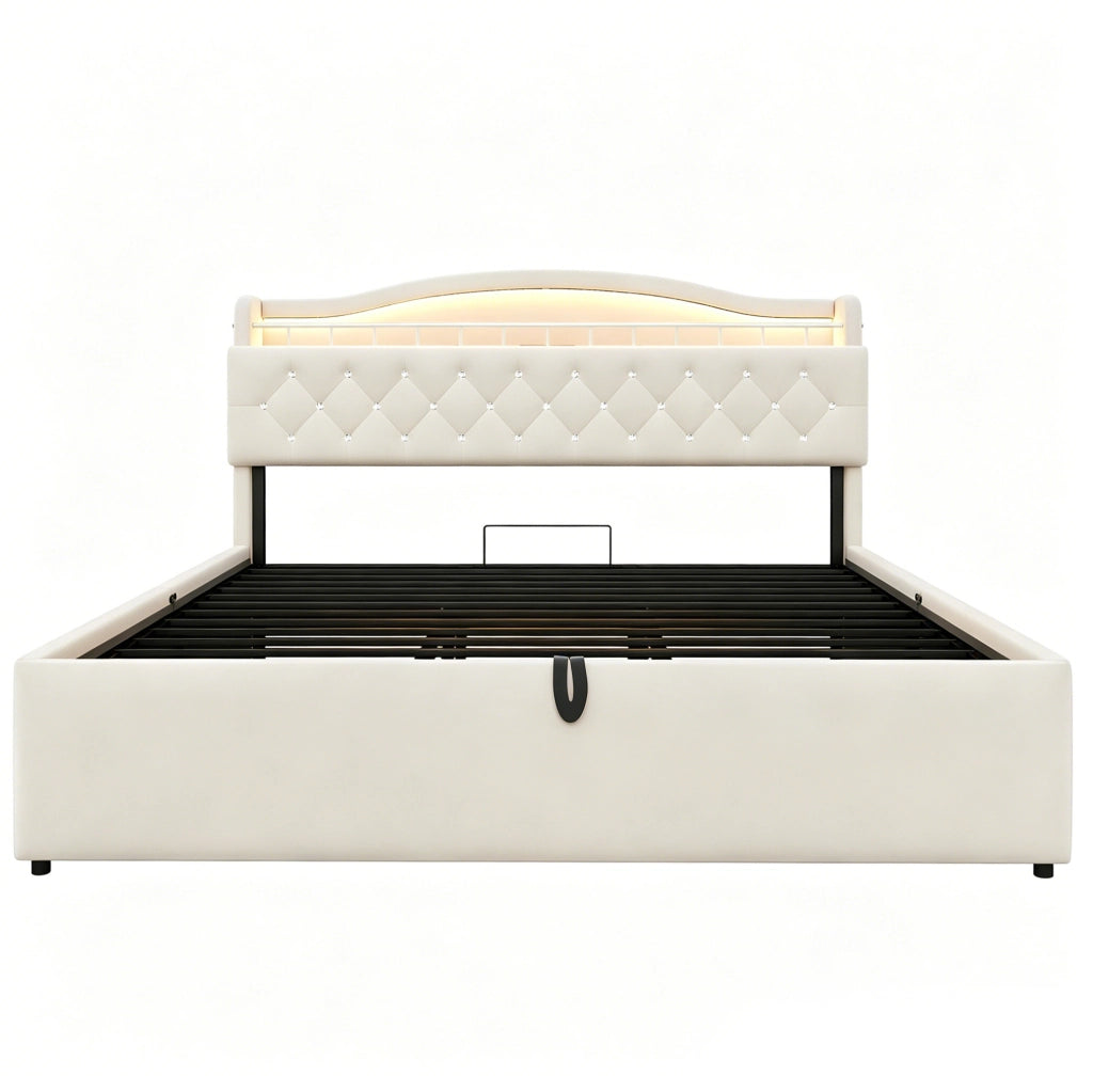 Letto imbottito 180x200 cm con contenitore idraulico; USB e USB-C; tessuto e metallo beige