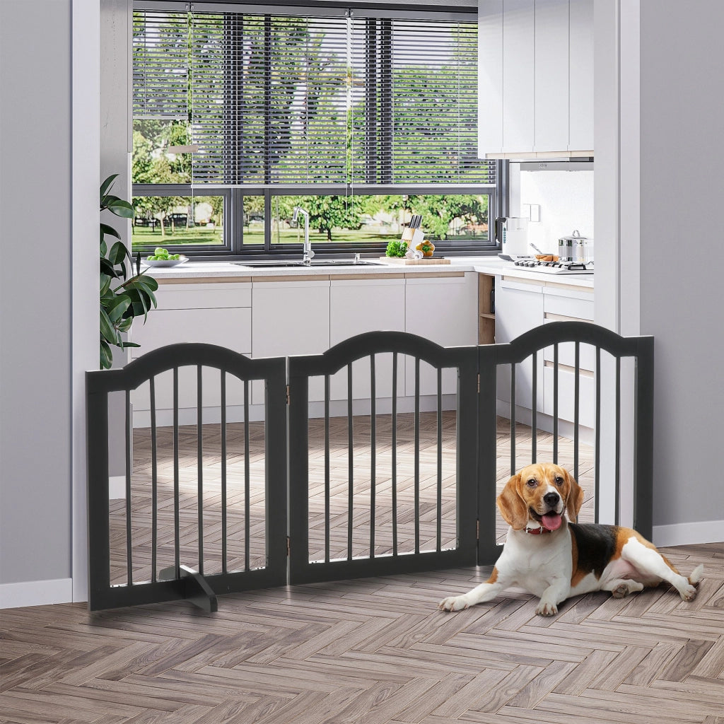Cancelletto per cani pieghevole a 3 pannelli con piedini di supporto in legno nero per porte e scale 154,5 × 61 cm