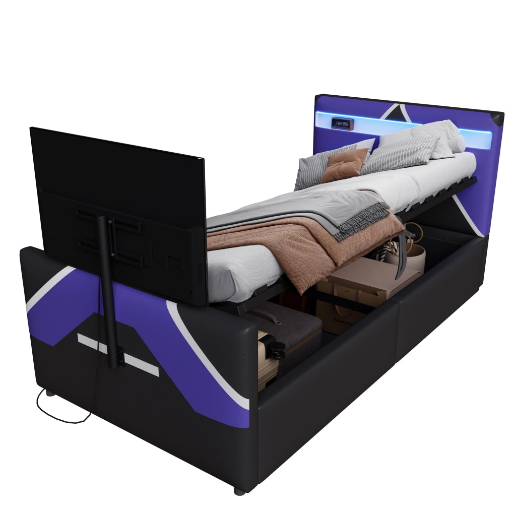 Letto per bambini gaming - Zephmum- 90x200 - PU pelle, LED colori, idraulico, supporto TV
