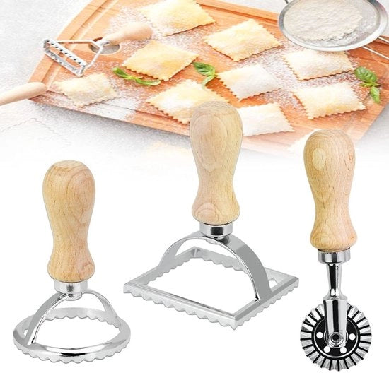 Impastatrice per Ravioli 3 pezzi - Taglierini in Acciaio Inossidabile - Manico in Legno - Ruota per Pasta - Per Ravioli/Biscotti - Facile da Usare - Stampa per Pasta