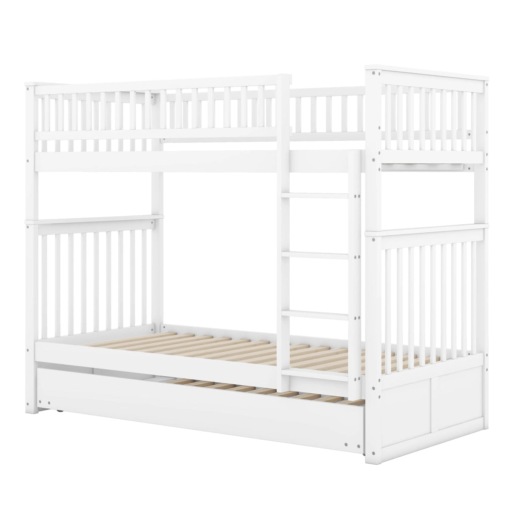 OKWISH Letto a Castello 90×200 cm, Letto 3 Posti con Letto Estraibile, Scala e Sponde Alte, senza Materasso, in Pino, Bianco