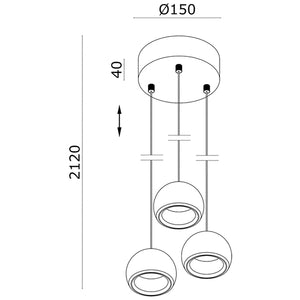 Lampadario alluminio 3 pendenti campana sospensione moderna led 15W 3000K 2MT
