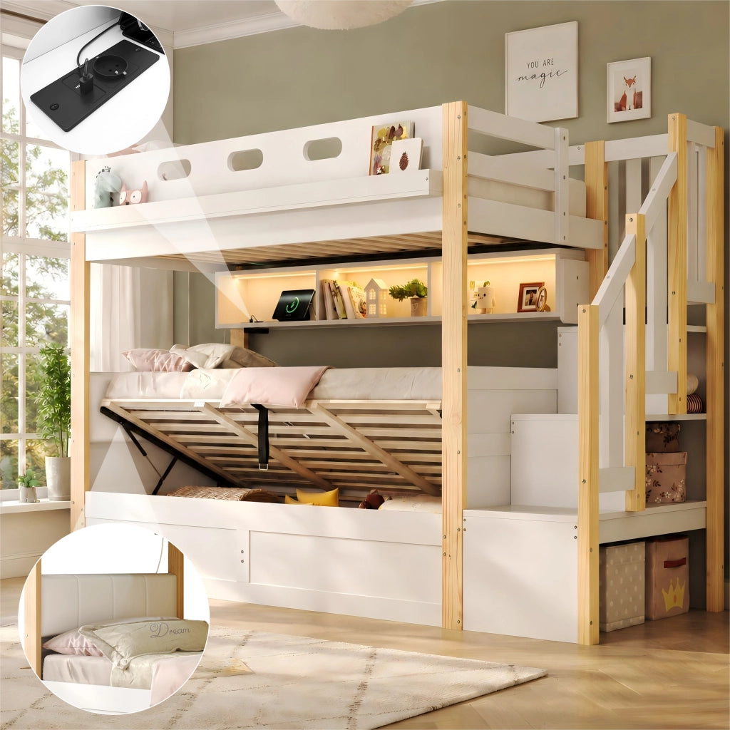 Letto a castello per bambini 90x200 + 90x200 cm con LED, USB, scala contenitore e letto inferiore con contenitore idraulico, bianco