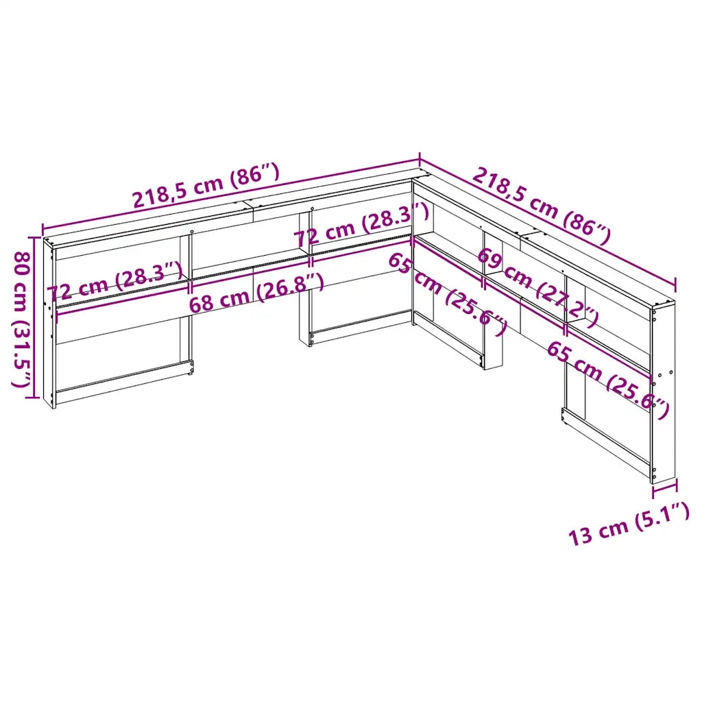 Testiera libreria a L-Testata contenitore Marrone Cera 200cm Legno Massello di Pino