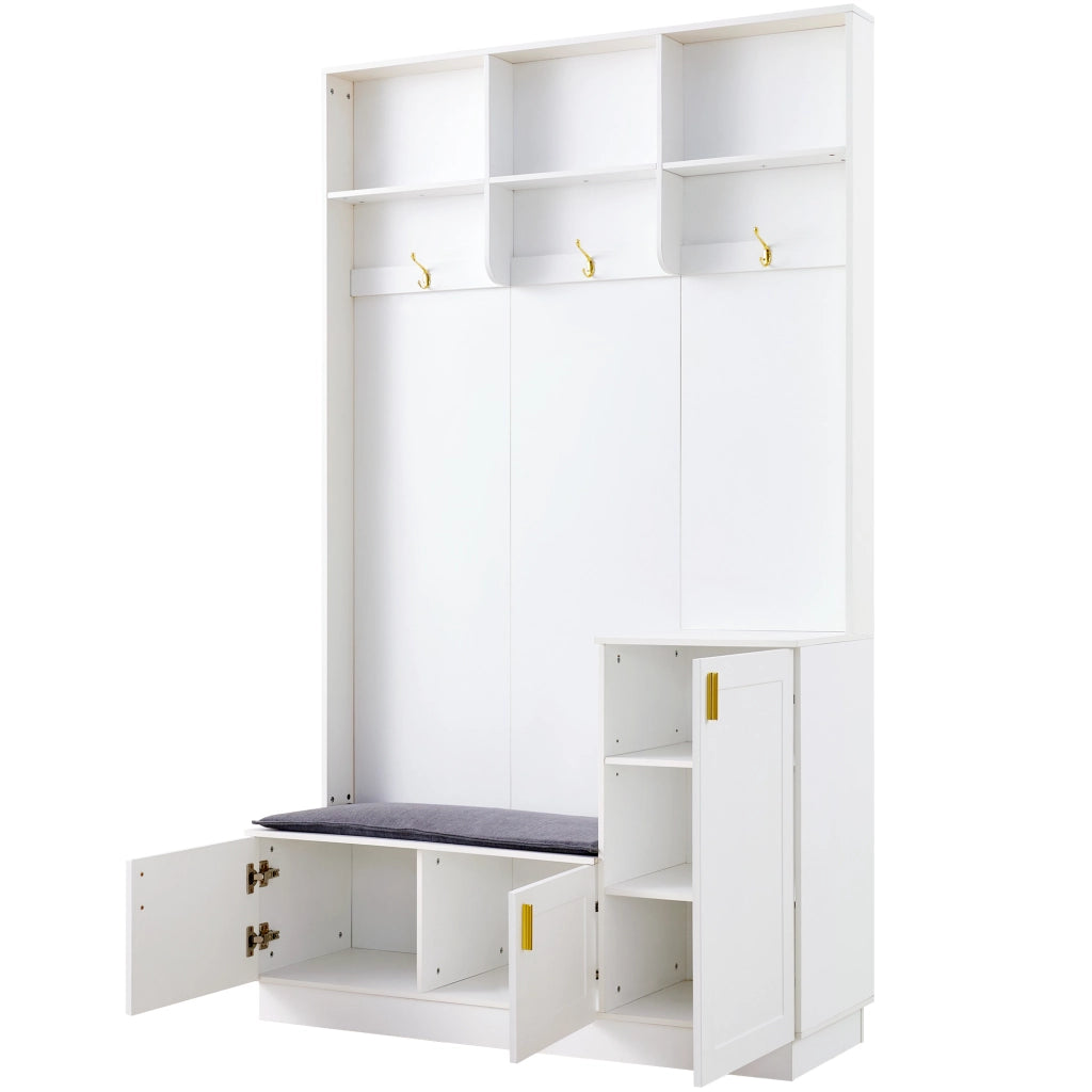 OKWISH Mobile da Ingresso con Panca Scarpiera, 3 Ganci, Vani Aperti e Ripiano Regolabile, Bianco, 120 x 40 x 200 cm