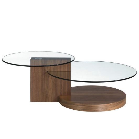 Tavolino rotondo in vetro temperato e noce