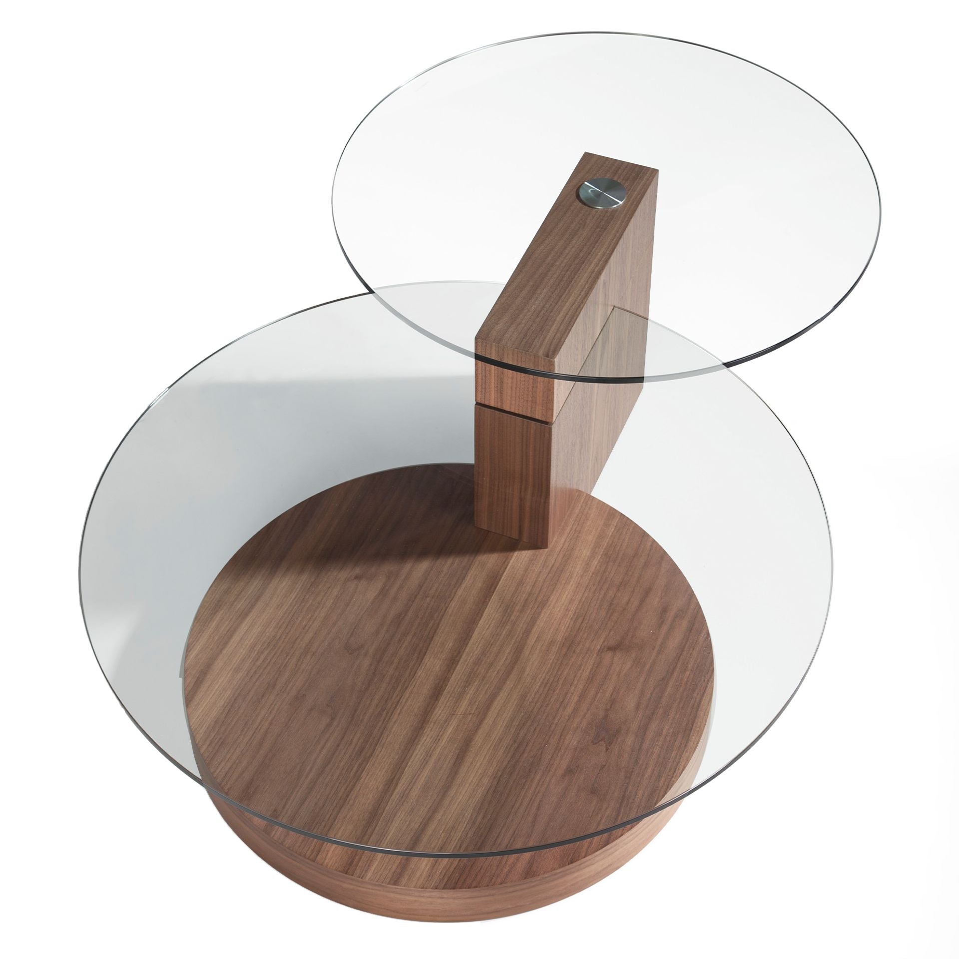 Tavolino rotondo in vetro temperato e noce
