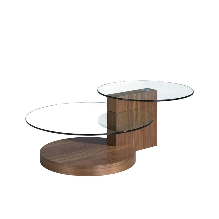 Tavolino rotondo in vetro temperato e noce