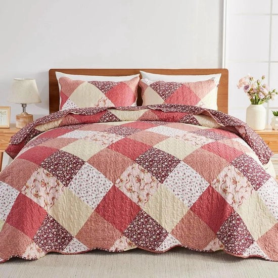 Coperta da letto Gewatteerde 250x270 cm - Patchwork Fiori - Microvezel Leggero - 2 Cuscini Decorativi - Polyester Respirante - Design Sostenibile - Set di Coperte