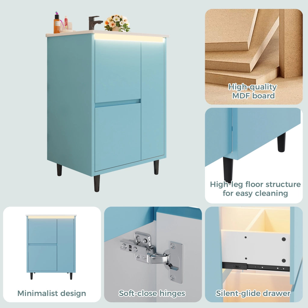 Mobile sottolavabo con lavabo in ceramica 1 anta e 2 cassetti per bagno in MDF e ceramica blu 61 × 46,5 × 87 cm