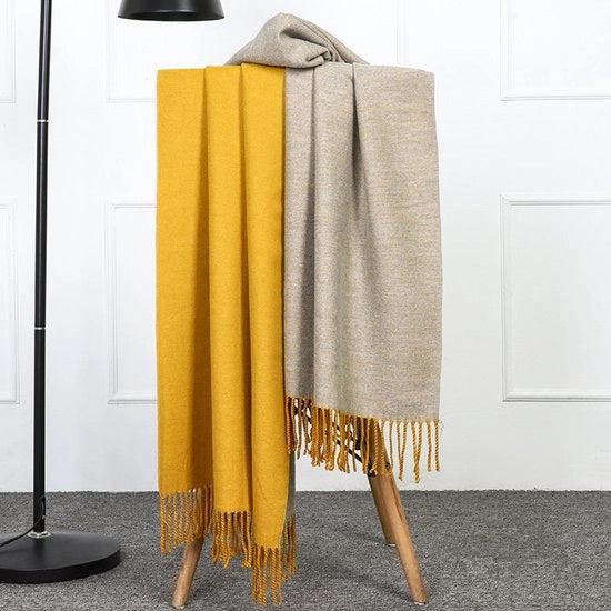Schiacchietto da donna 200*70 cm, giallo-grigio, con frangia a doppia faccia, scialle caldo e spesso per l'inverno, nuova collezione invernale, scialle caldo e spesso.