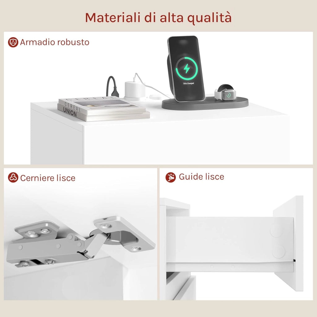 Comodino con Stazione di Ricarica, Comodino a LED Connesso, 2 Prese, 2 Porte USB, 2 Cassetti, 1 Scomparto con Sportello, per Camera da Letto, 40 x 35 x 55 cm, Bianco