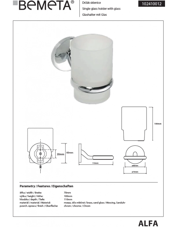 ALFA portabicchieri da parete in zinco con vetro 10cm x 11cm x7cm