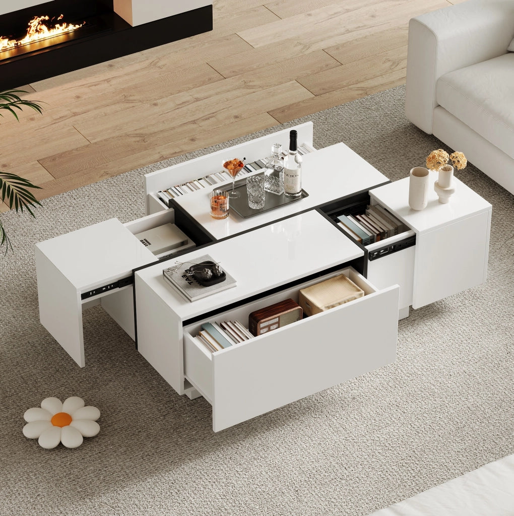 Tavolino da caffè 100x60x40 cm con 4 cassetti e piano lucido in truciolare bianco e nero