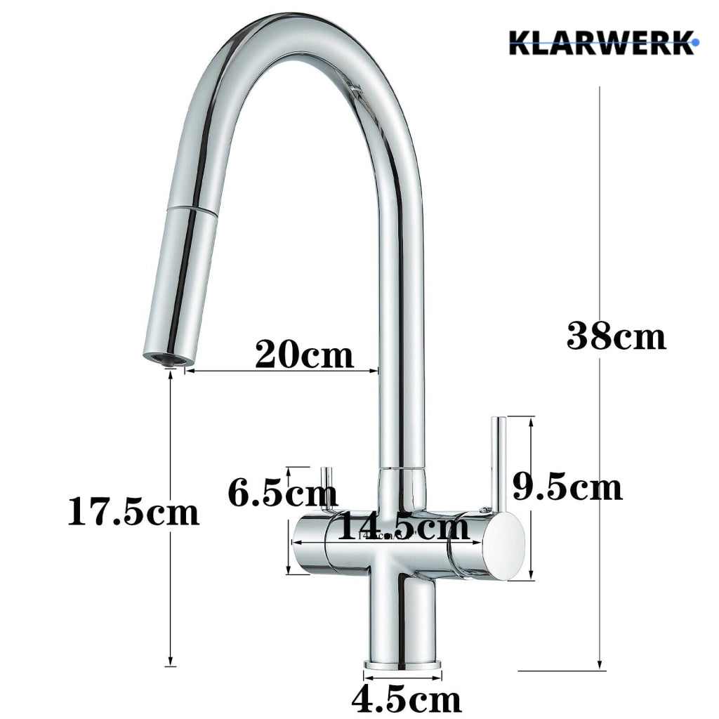 Jana | Rubinetto estensibile premium a 3 vie cromato lucido | Rubinetto osmosi da cucina in acciaio inox |. Filtro 3 connessioni ad arco alto