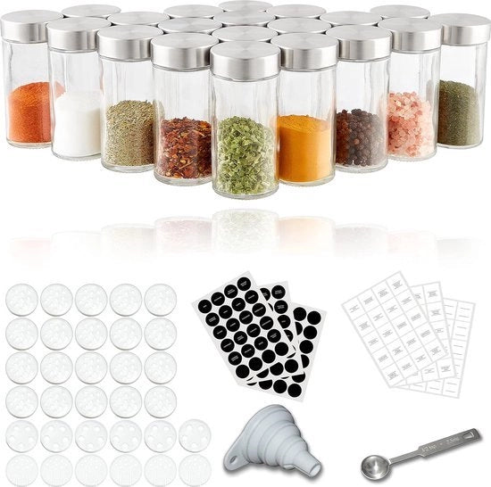 Set di 20 contenitori per erbe, con coperchio in acciaio inox di alta qualità, contenitori per erbe rotondi, incl. etichette, strumento per la dispersione, cucchiaio e cucchiaio in acciaio inox per spezie, perfetto per la conservazione in cucina