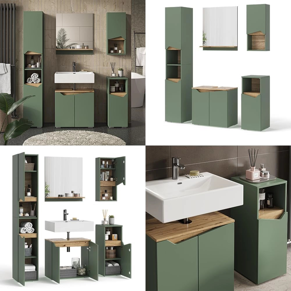 Set di mobili da bagno Marelle, Verde/Artigianale, 60 cm, composto da mobile sottolavabo, specchiera, colonna, base media e pensile