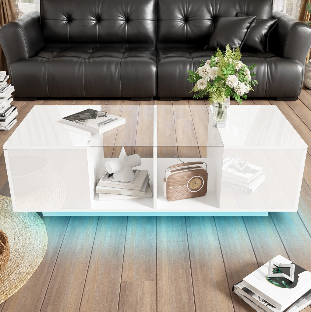 Tavolino da salotto 120x50x38.5 cm con LED e ante laterali; bianco