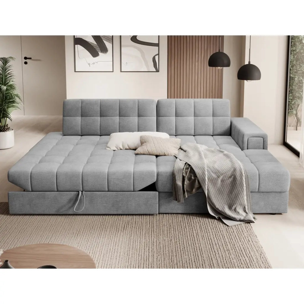 Divano angolare trasformabile CUBITO grigio 240 cm con contenitore e letto