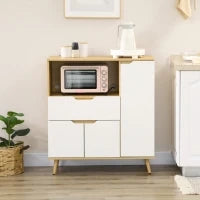 Mobiletto per Microonde con Ripiano Aperto, Armadietti e Cassetto, 90x40x98.5cm Bianco e Legno