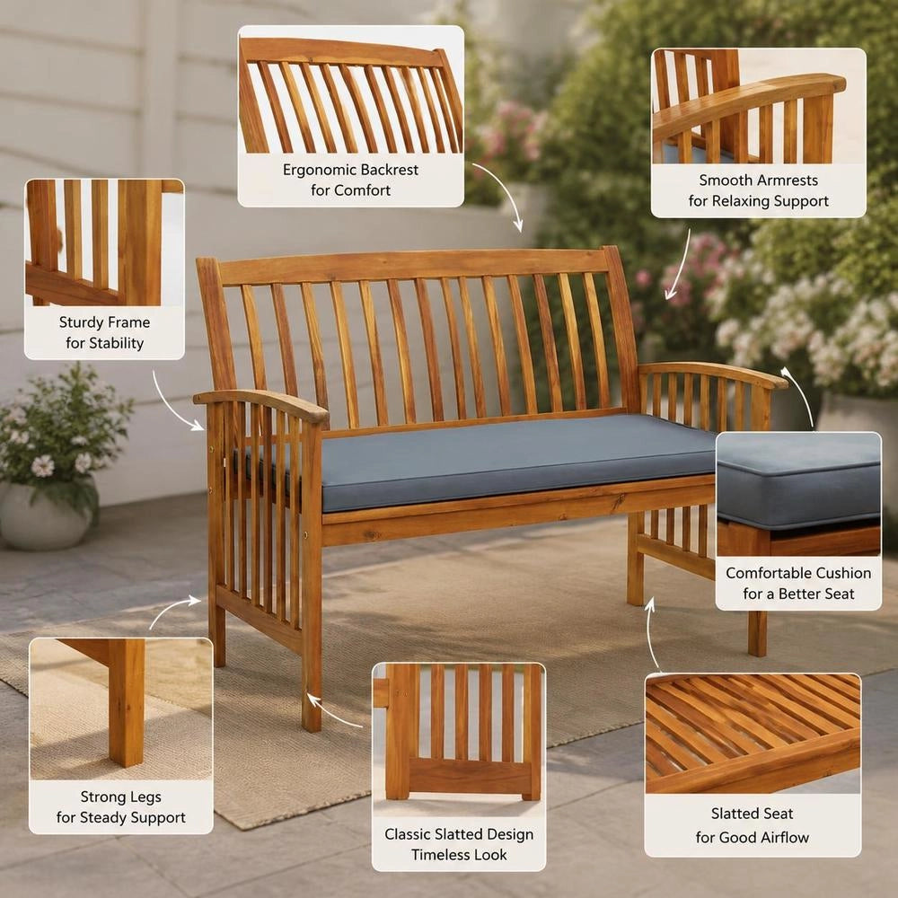 Garden Bench With Cushions, 119 Cm, Solid Acacia Wood