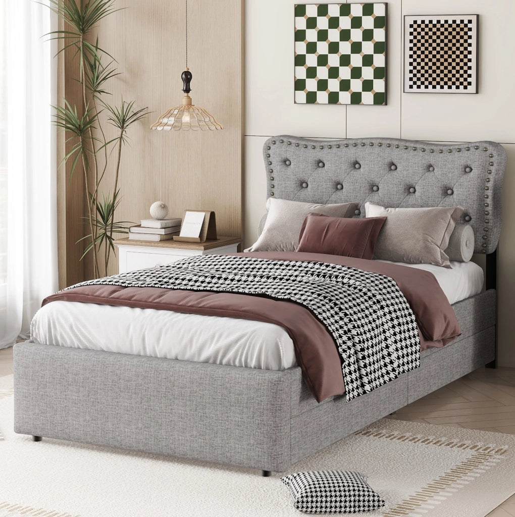 Letto imbottito 90x200 cm; cassetti; testiera regolabile; MDF e lino; grigio