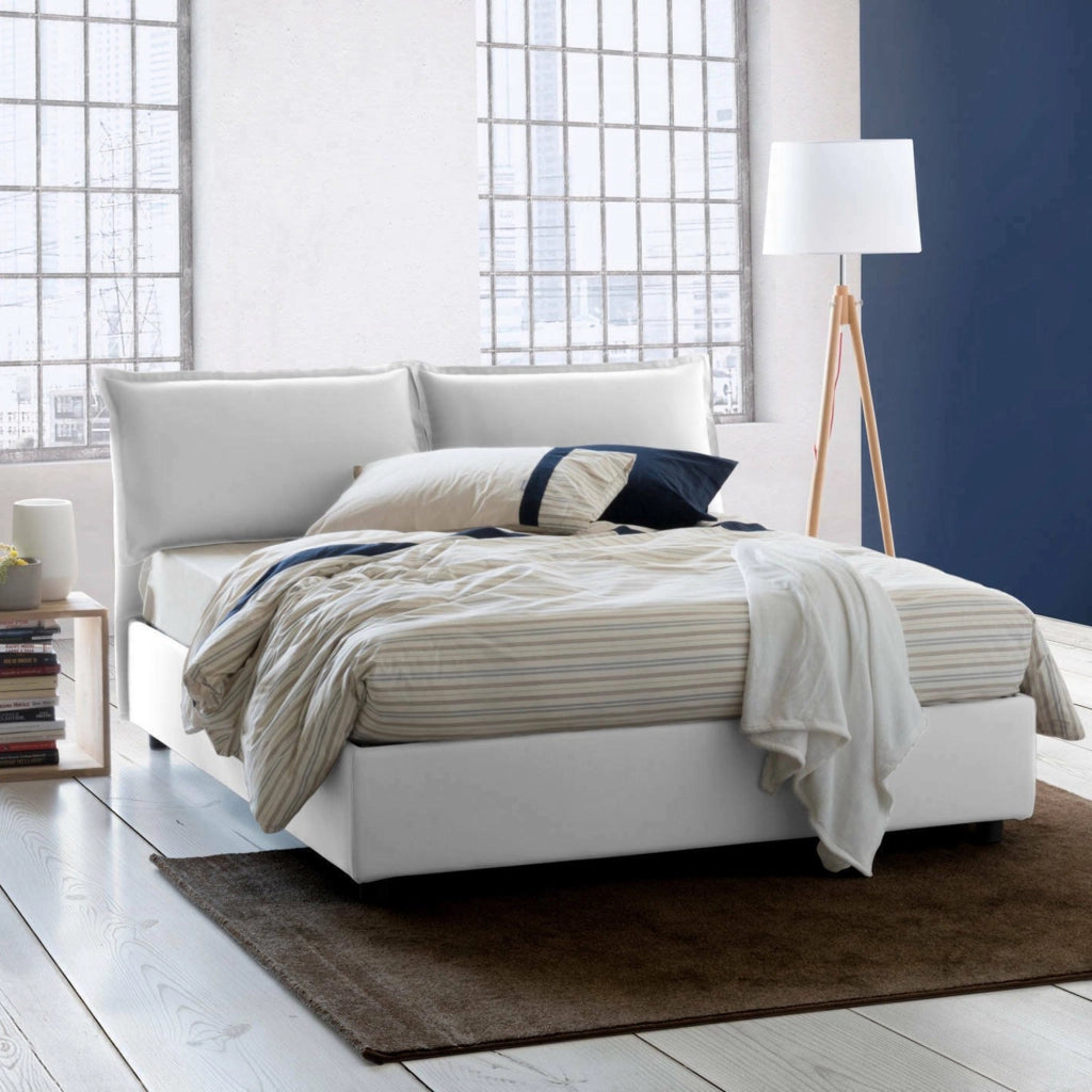 Letto matrimoniale Annica, Letto contenitore con rivestimento in tessuto, Made in Italy, Apertura frontale, con materasso cm 140x200 incluso, Bianco