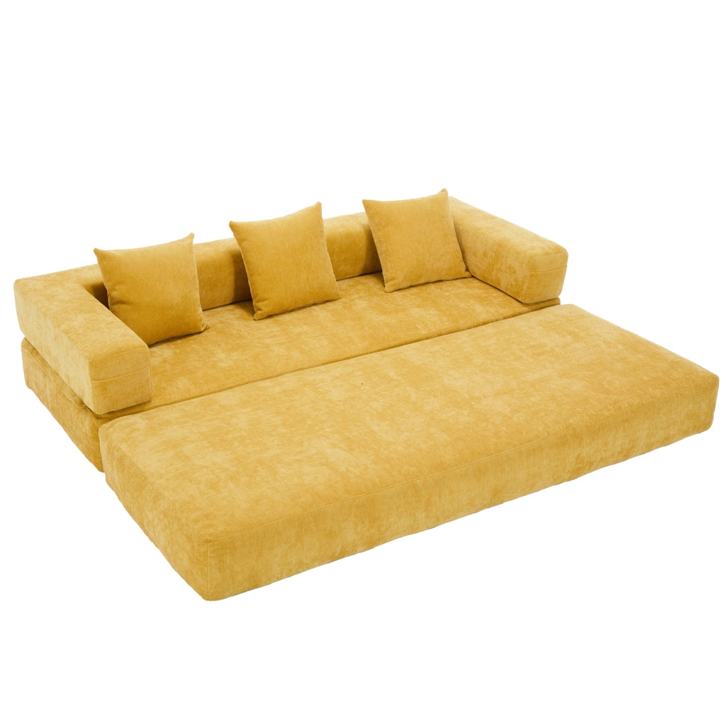 Divano modulare in chenille color senape con tasche laterali, base antiscivolo e imbottitura in schiuma