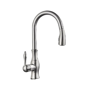NAVIS | Elegante rubinetto cucina estraibile in acciaio inox argento, arco alto, miscelatore di lusso, alta pressione, 360°, 2 attacchi