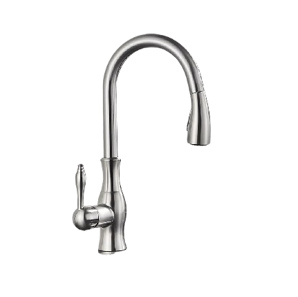 NAVIS | Elegante rubinetto cucina estraibile in acciaio inox argento, arco alto, miscelatore di lusso, alta pressione, 360°, 2 attacchi
