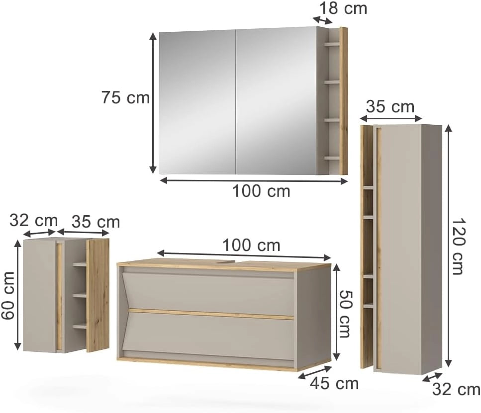 Set di mobili da bagno Edelin, Cachemire, 100 cm, composto da mobile sottolavabo, specchiera, armadio medio e pensile