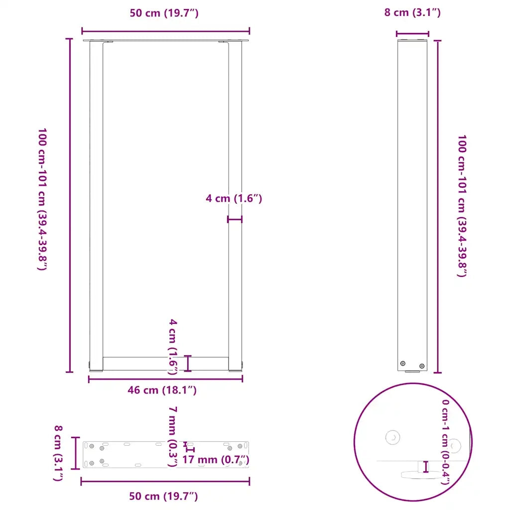 Gambe per tavolo da bar a forma di U 2 pz nere 50x(100-101) cm in acciaio 4013232