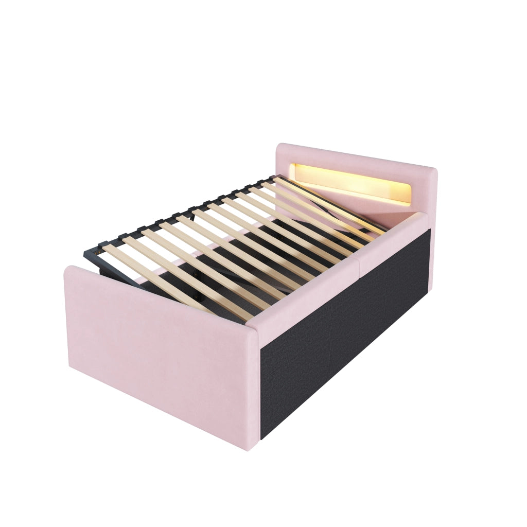 Letto 90x200 cm - Letto imbottito,Con luce notturna,Porta di ricarica USB,Con vani portaoggetti,Velluto,Funzione di accumulo idraulico,Rosa