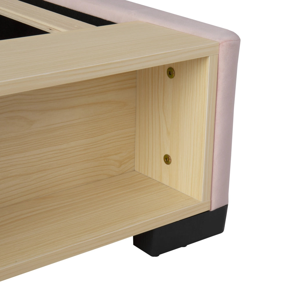Letto imbottito 90x200 cm con libreria laterale LED e contenitore in velluto rosa