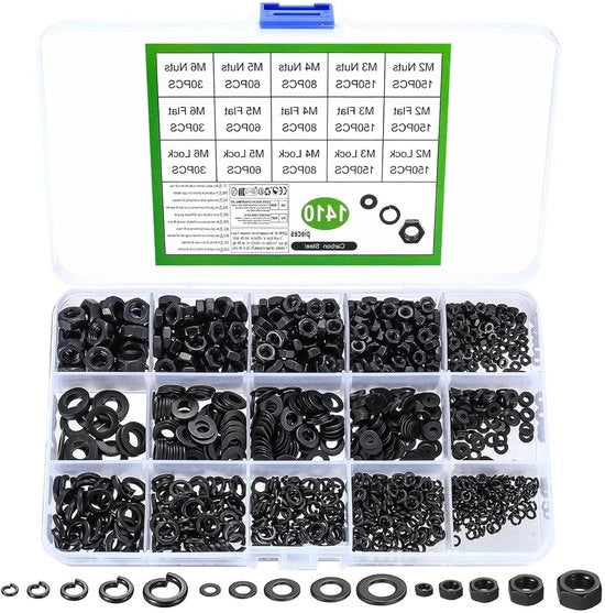Set di chiusura in acciaio carbocarbonio M2 M3 M4 M5 M6 inclusi viti a 6 facce e viti di serraggio - assortimento viti di chiusura e chiavi di chiusura - 1410 pezzi (nero)