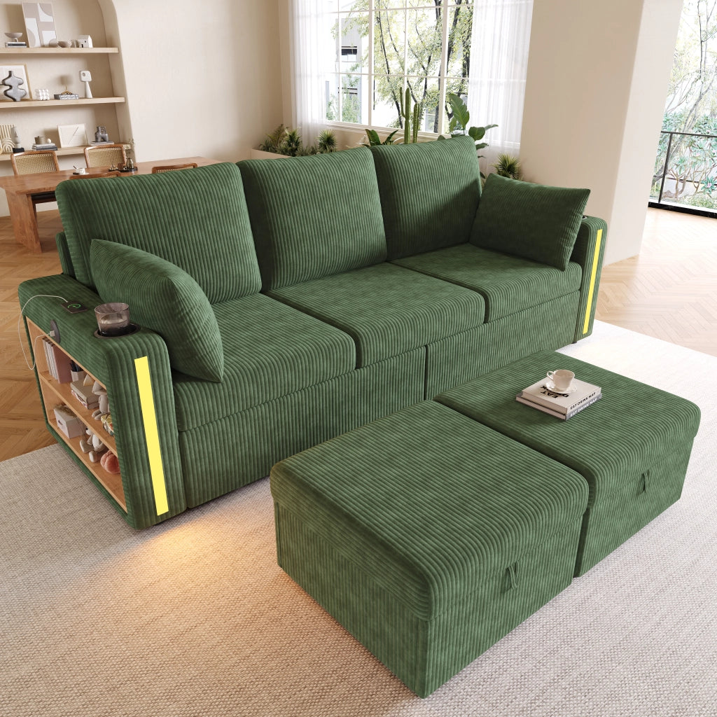 Divano modulare U/L con 2 pouf contenitore; LED; USB/Type-C; 190x130x85 cm; velluto a coste verde