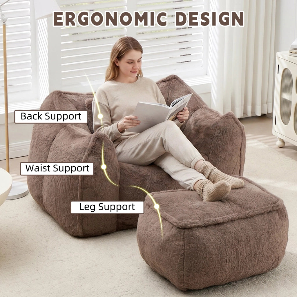 Poltrona pouf ergonomica senza montaggio con poggiapiedi e imbottitura in schiuma in faux fur kaki per relax