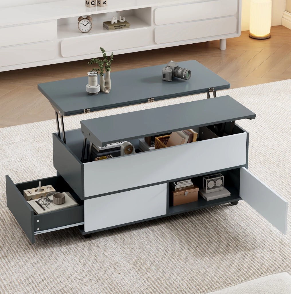 Tavolino da caffè sollevabile 100 x 98 x 65 cm in truciolare grigio e bianco; con ruote e contenitore