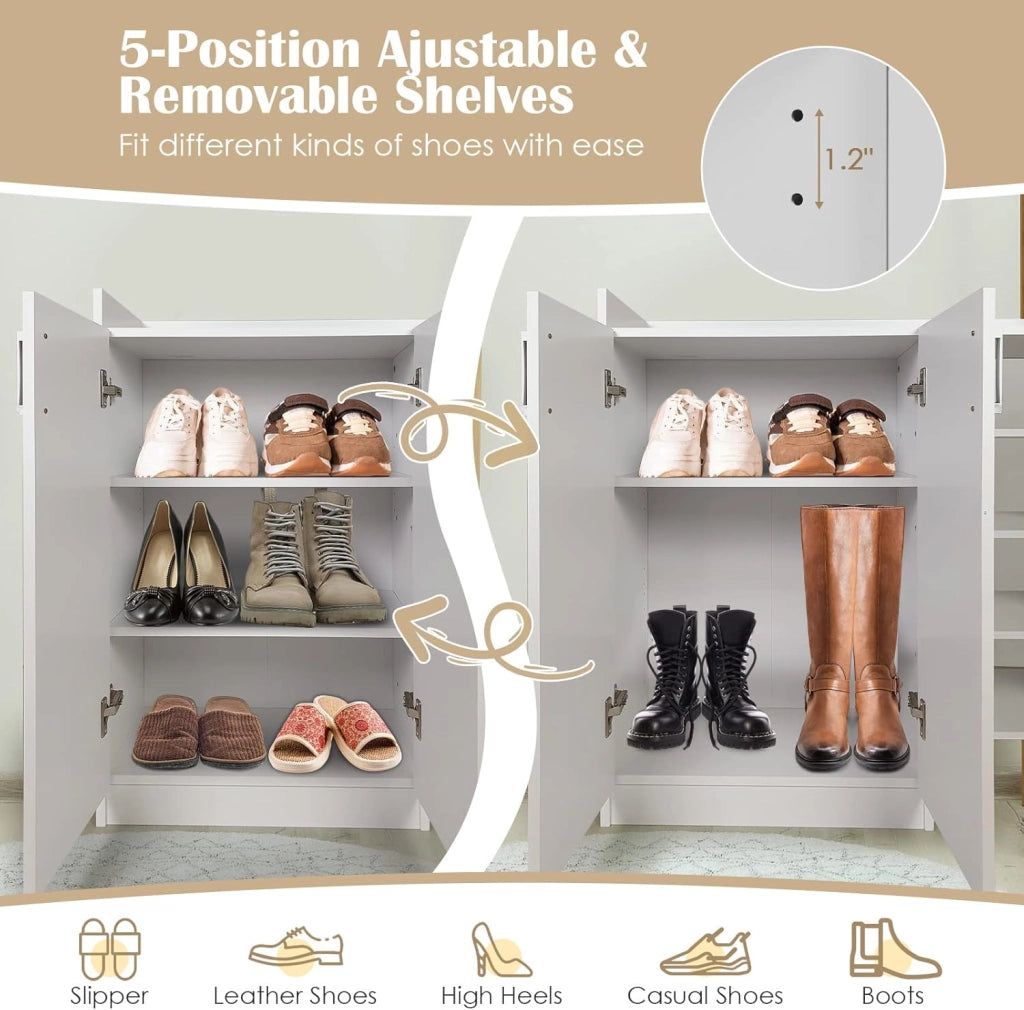 Mobile scarpe con ampio vassoio, armadio chiuso, 2 ripiani interni regolabili e 4 ripiani aperti, armadio a scarpe stile moderno per ingresso, corridoio, soggiorno (bianco)