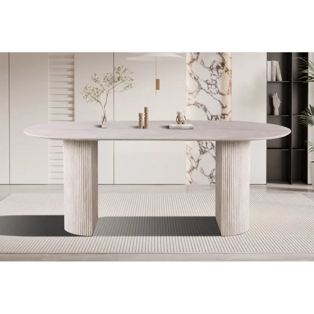 Tavolo da pranzo ovale VAGOS – 200 x 100 cm – Colore travertino – Design contemporaneo effetto pietra