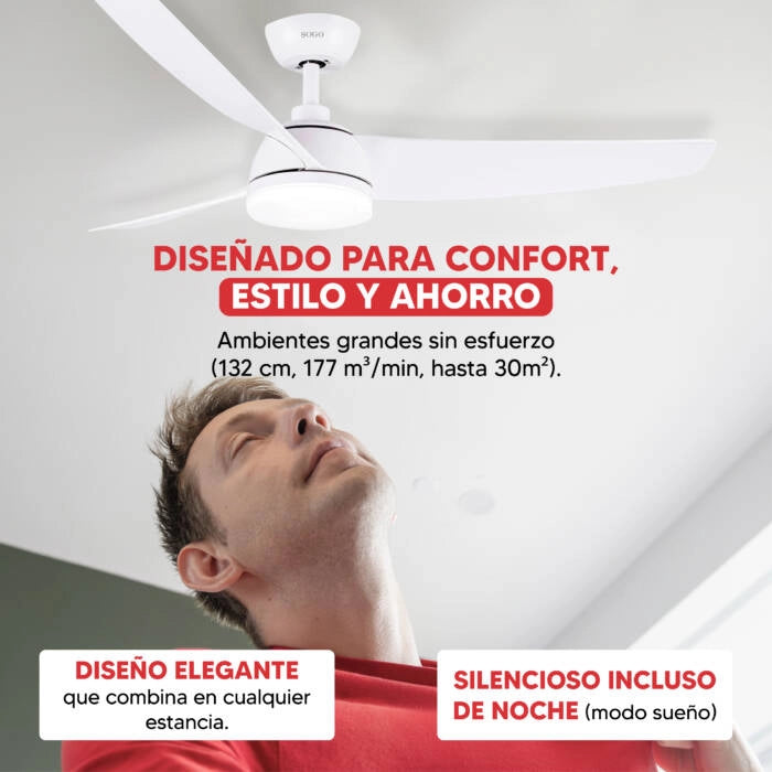 Ventilatore da soffitto 132 cm con luce LED 24W regolabile, motore DC silenzioso 6 velocità e telecomando, per stanze fino a 30 mq - Sogo