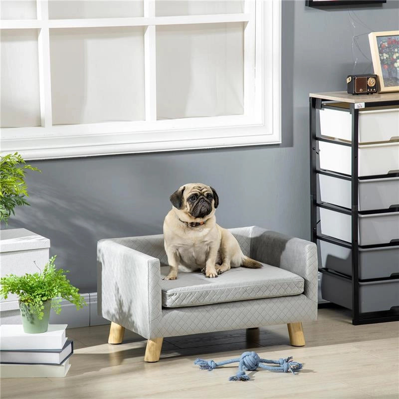 DIVANETTO PER CANI E GATTI STILE SCANDINAVO CON CUSCINO IMBOTTITO IN VELLUTO E LEGNO, 64X45X36CM, GRIGIO
