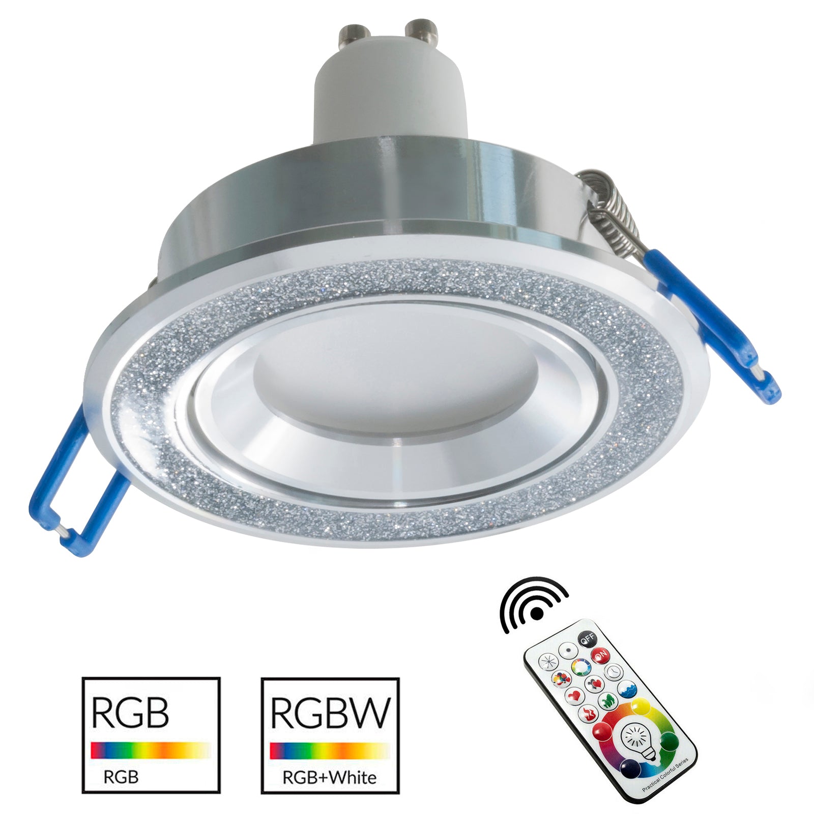 Faretto moderno incasso rotondo 7cm silver brillantini giochi luce LED RGBW GU10