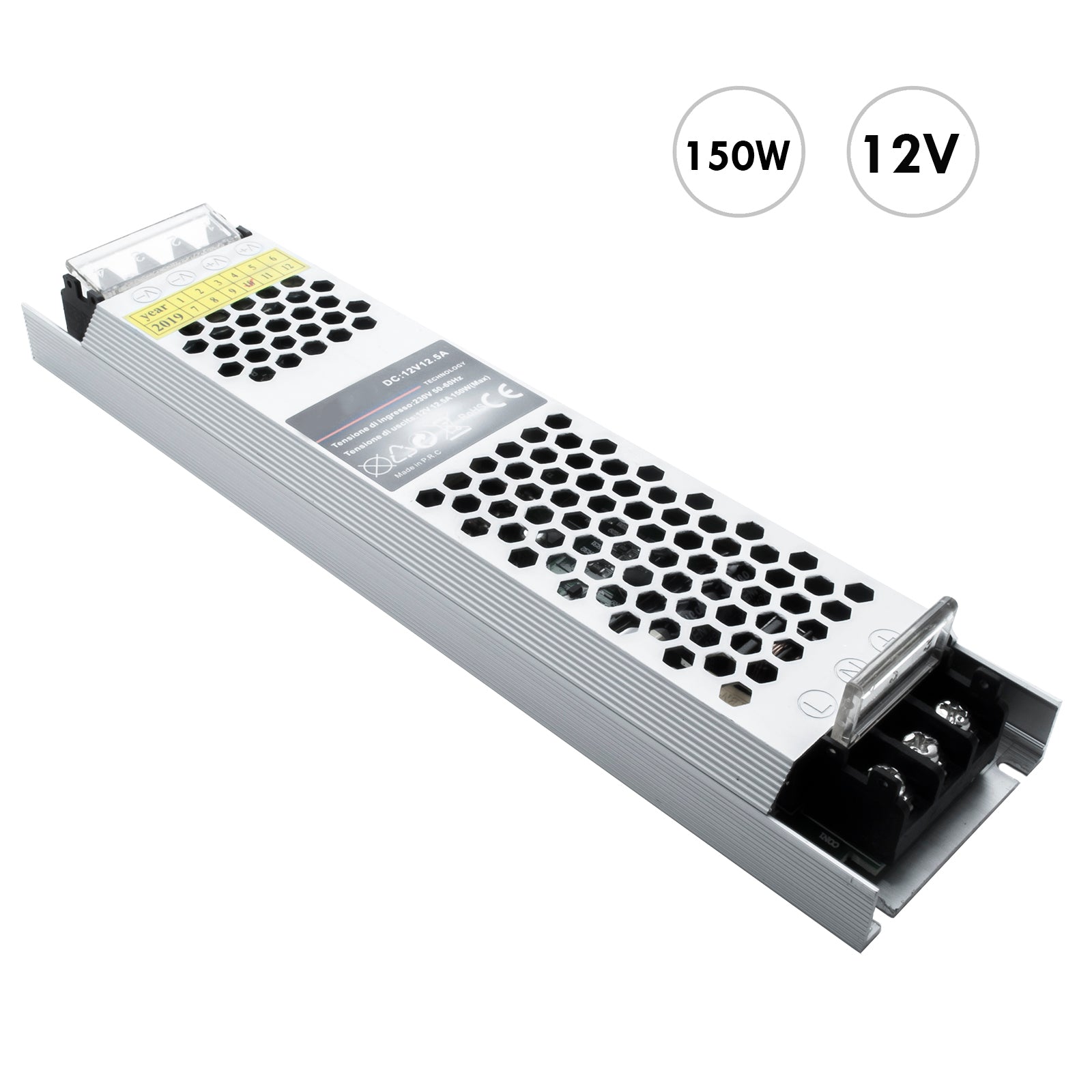 Trasformatore da 230V a 12V alimentatore 150W dvr strip luci LED 2 uscite 12.5A telecamere