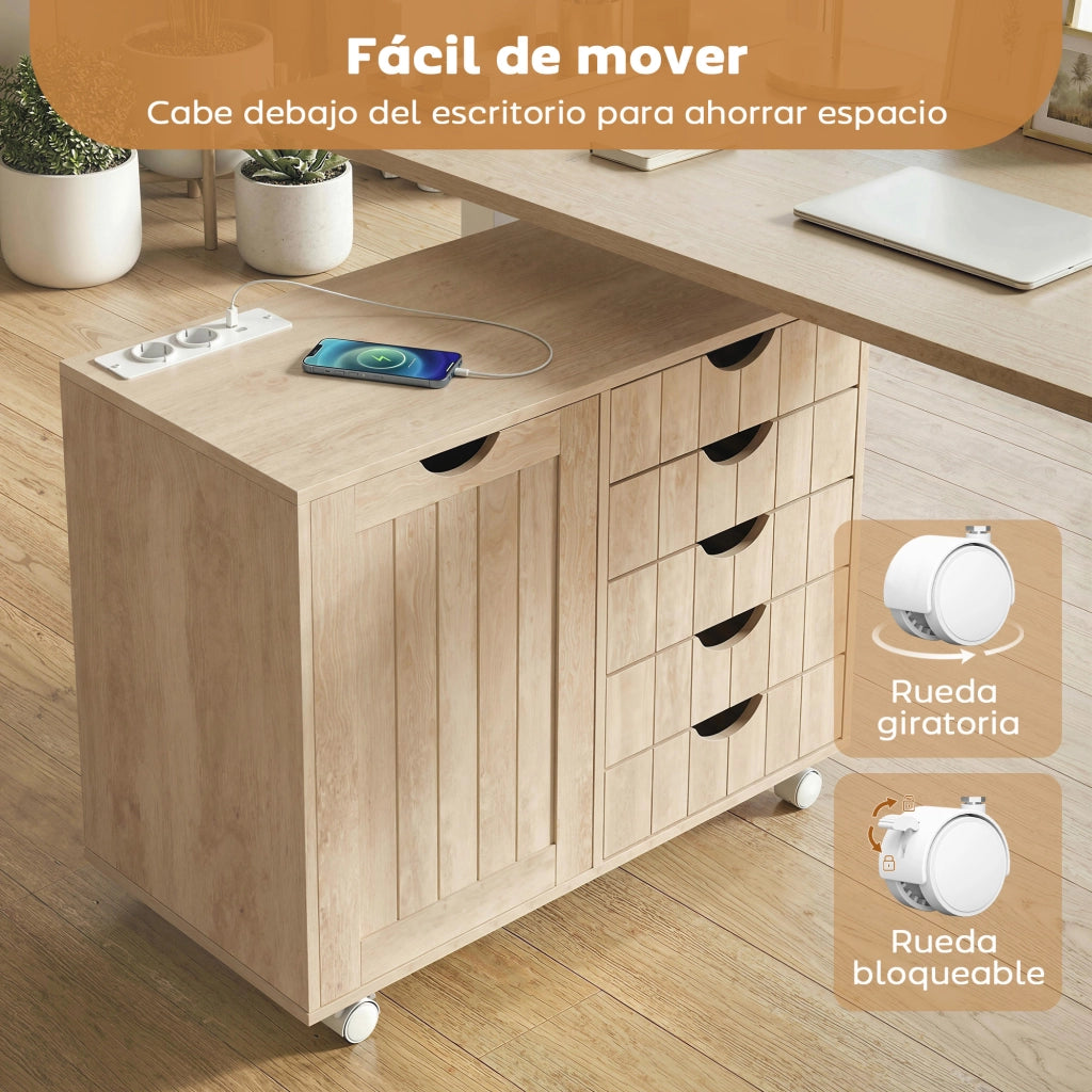 Scrivania con cassetti e ripiano per stampante ¨C zephmum ¨C Naturale 90x50x75 cm