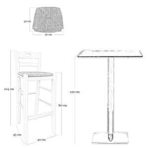 Sgabello h 80 cm legno noce scuro con manico nello schienale e seduta in paglia